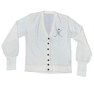 Kings Club Cardigan White Golf Sweater Fancy Button Up Embroidered Green Flag M